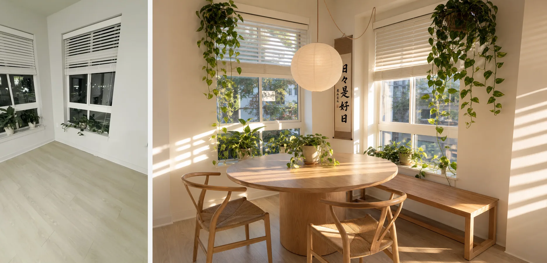 Left: an empty corner with two windows at night and a bare floor. Right: the same corner with a round oak table, a bench, two chairs, a paper lantern and trailing plants
