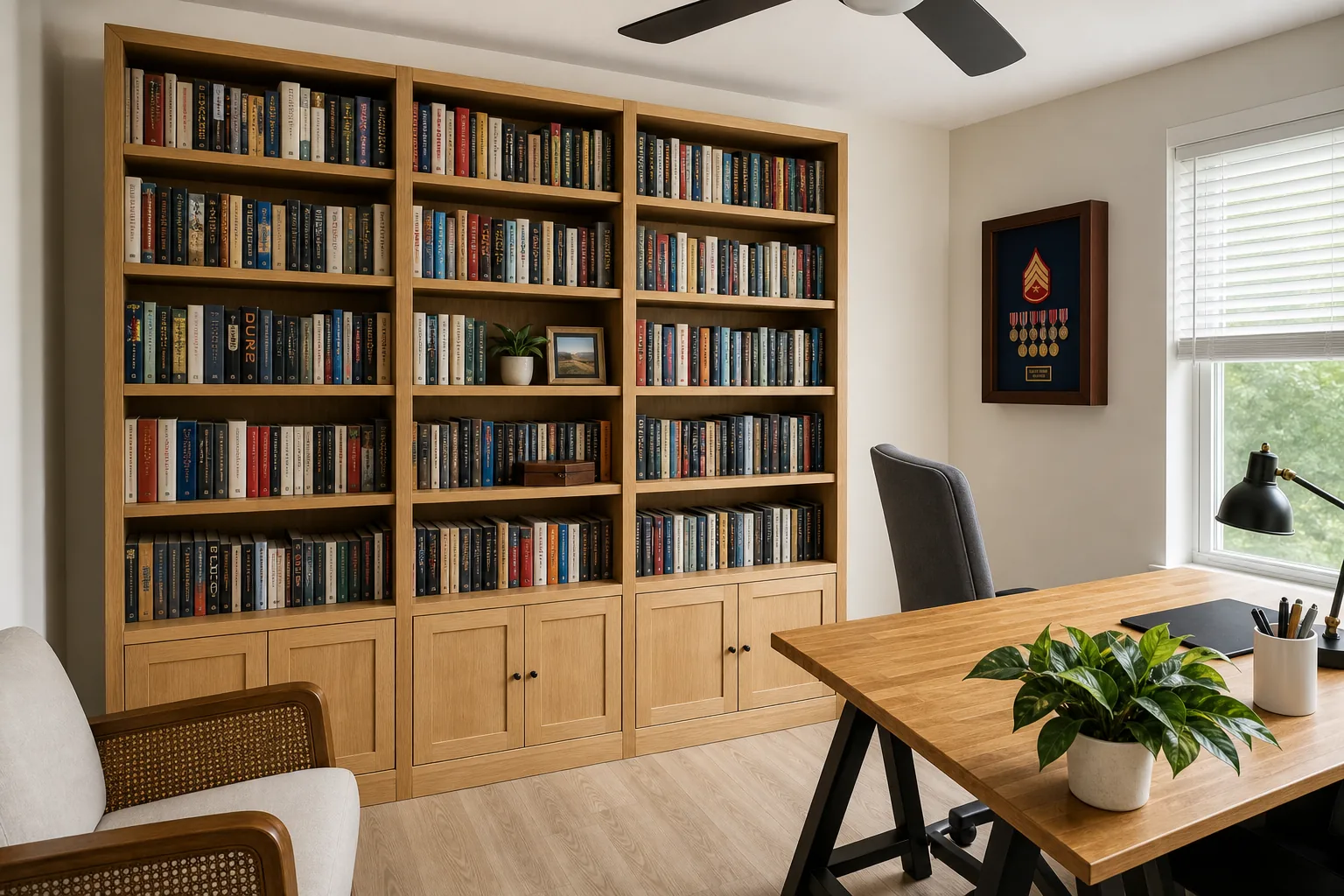 A floor-to-ceiling oak library wall behind a desk with a plant, rendered from a video frame of the office