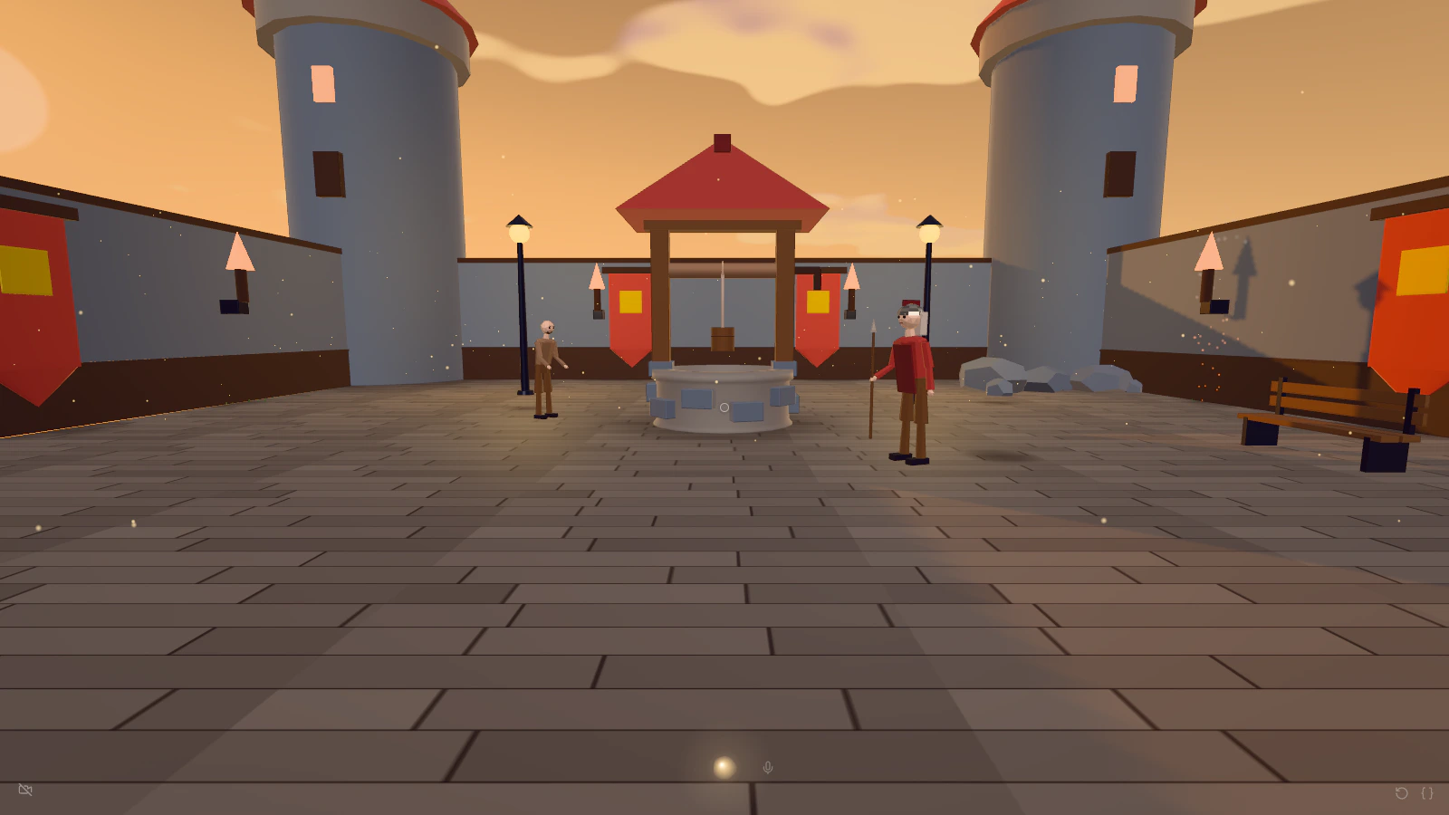 A castle courtyard with towers, banners, a well and two guards