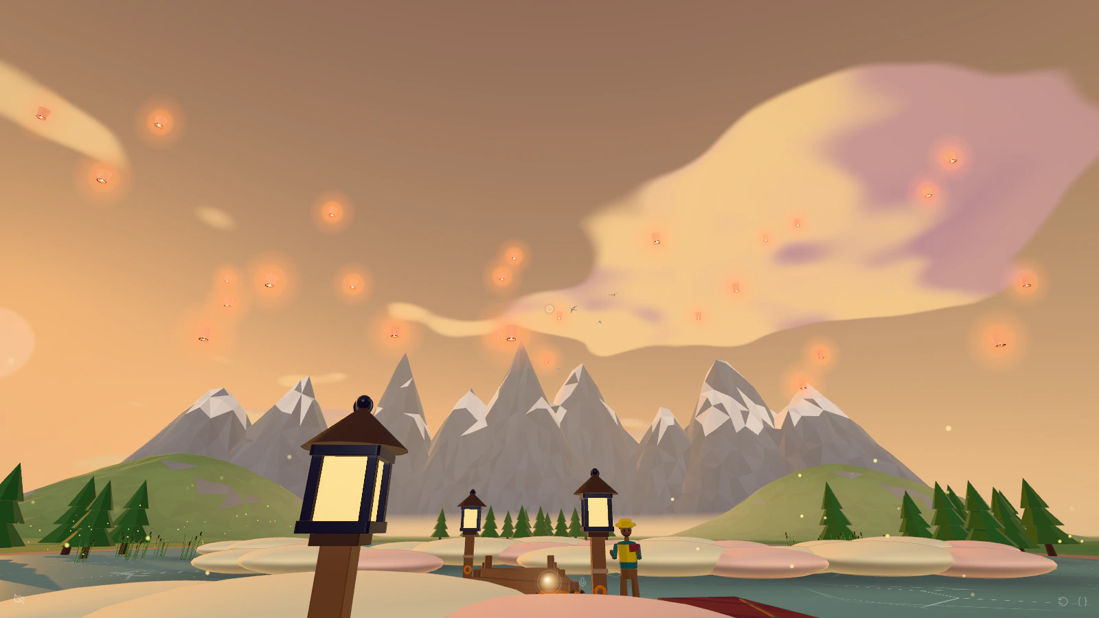 A lake at golden hour with paper lanterns rising over snowy mountains