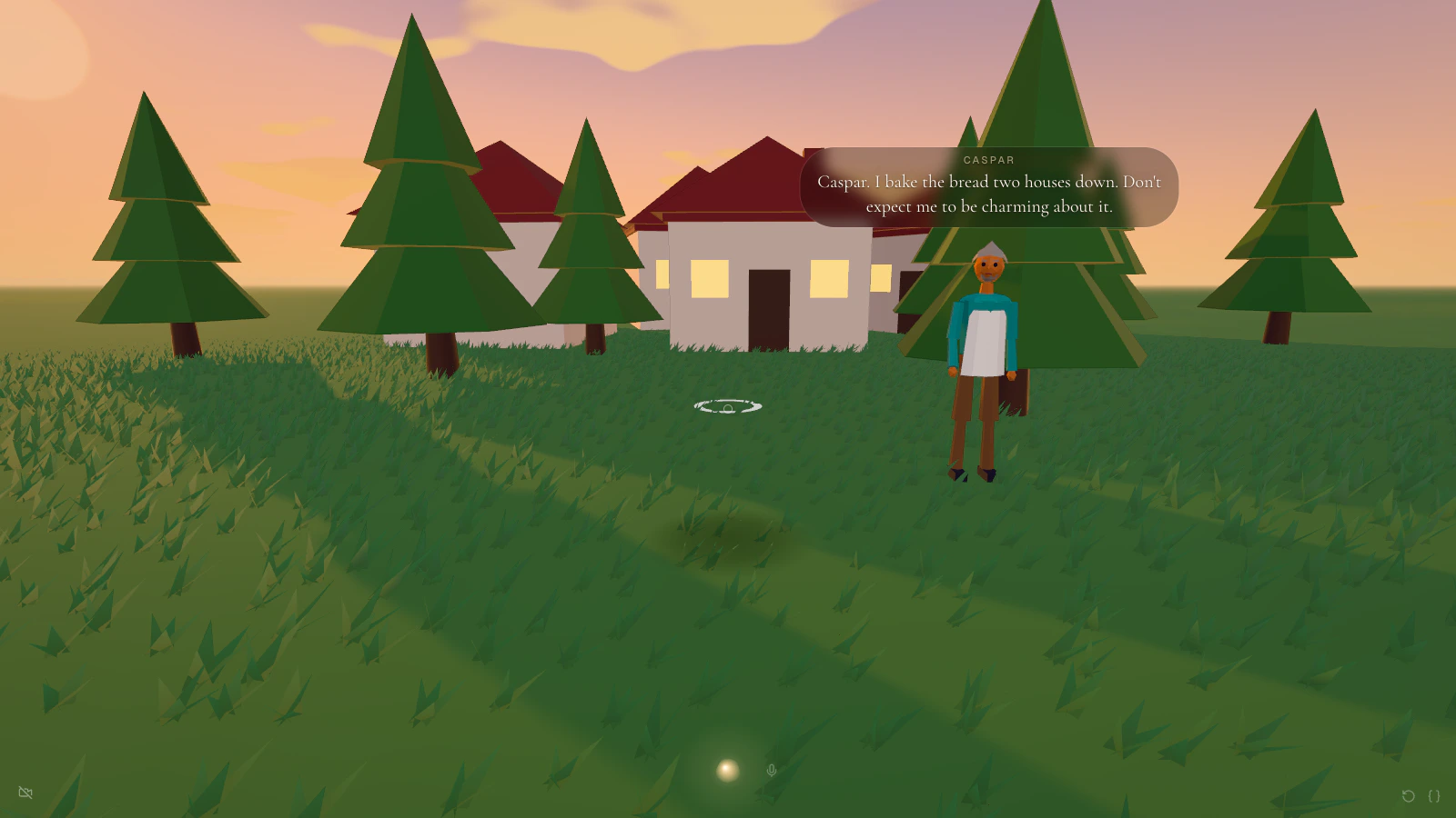 A villager named Caspar answering in a speech bubble in front of houses